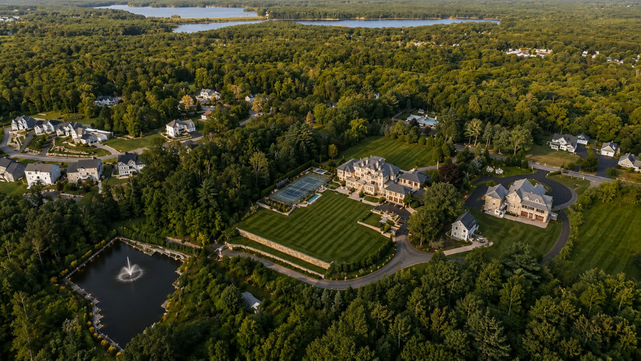 Wide aerial view of the estate and its landscaped grounds within the surrounding woodland