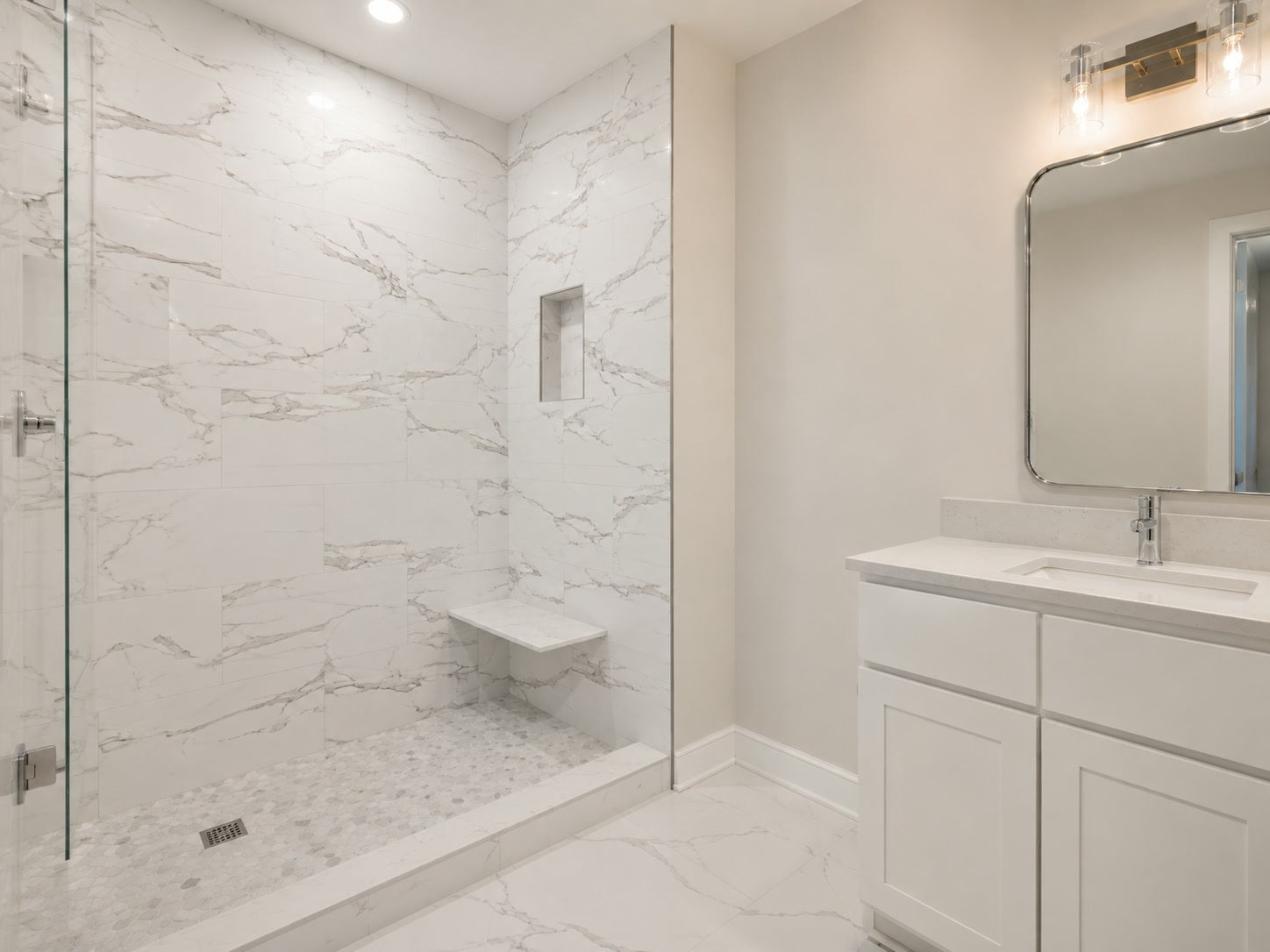 Tiled bathroom with walk-in shower