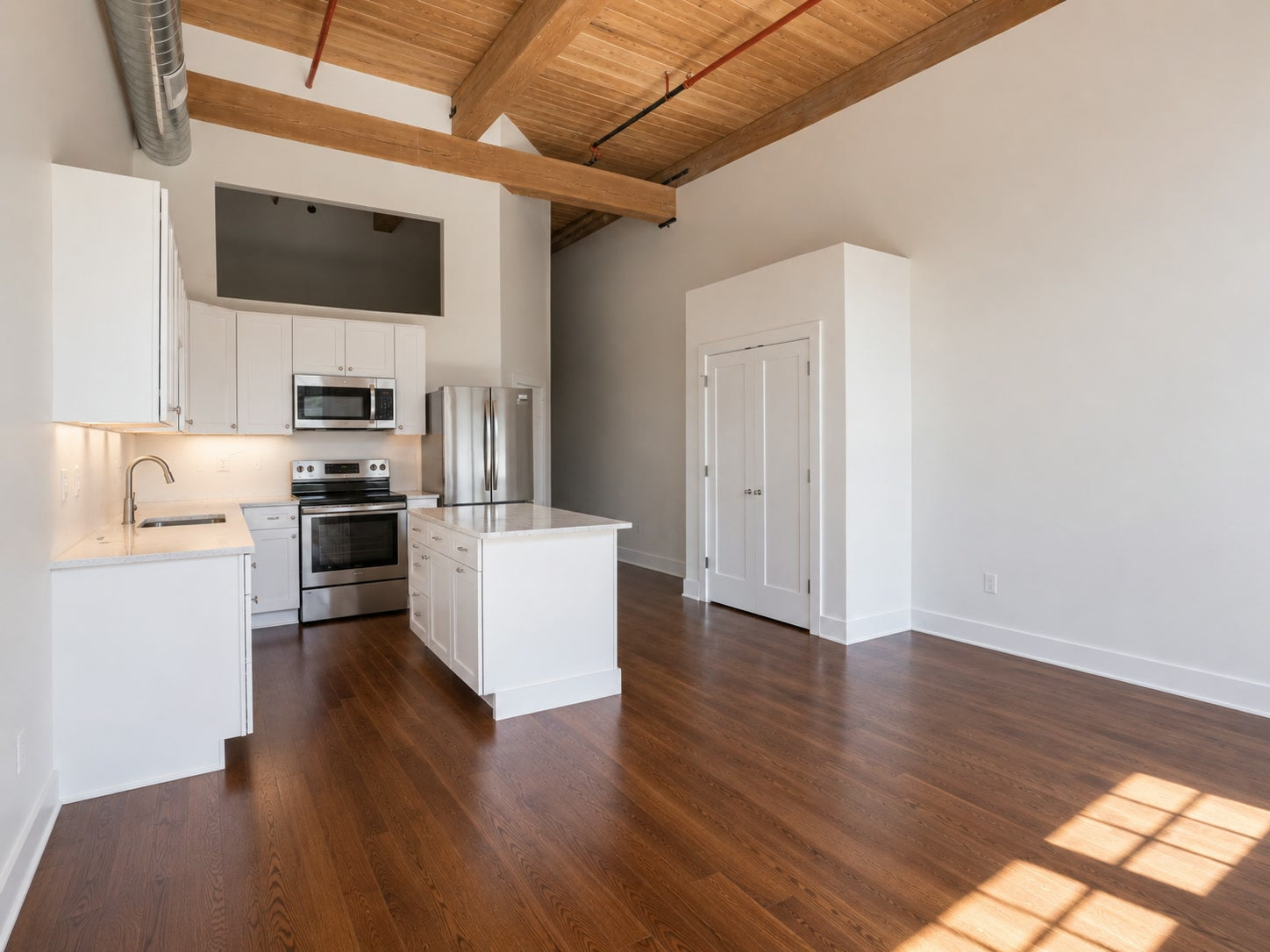 Kitchen and living area with timber ceiling